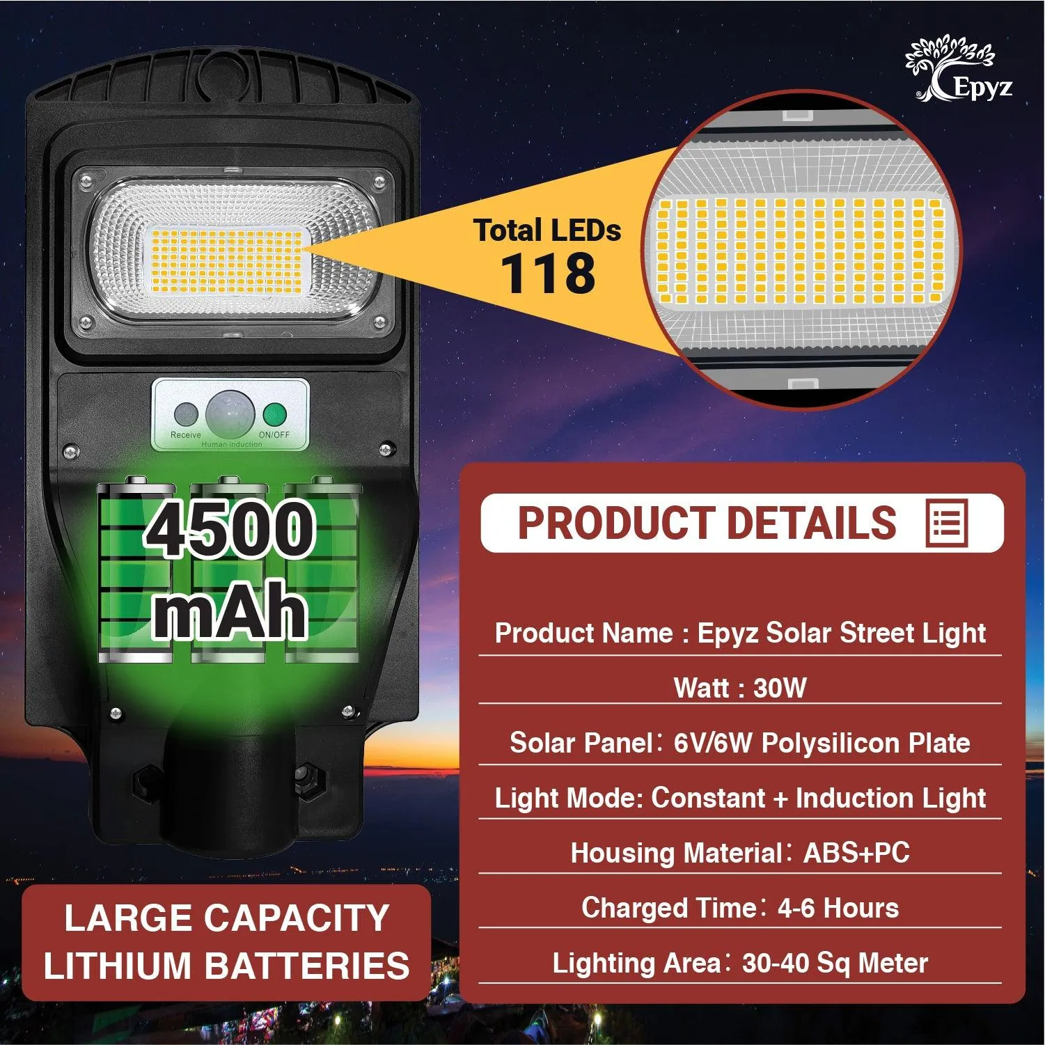 30 Watt Solar Street Lights for Garden (Warm Light)