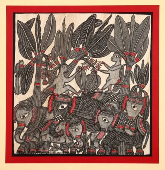A Crowded Forest Madhubani Painting By Ambika Devi
