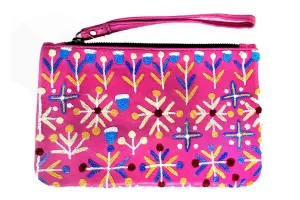 Aboriginal Art Embroidered Leather Clutch with Wrist Strap by Rosie Ross