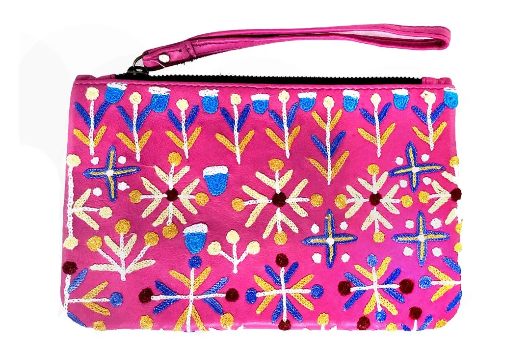 Aboriginal Art Embroidered Leather Clutch with Wrist Strap by Rosie Ross