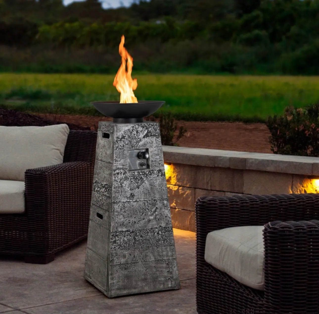Elegant Heavy Duty 48 Inch Propane Fire Bowl Column With Beautiful Lava Rocks & PVC Cover | Easy Access Door | Easy On/Off Switch | Patio Fire Pit