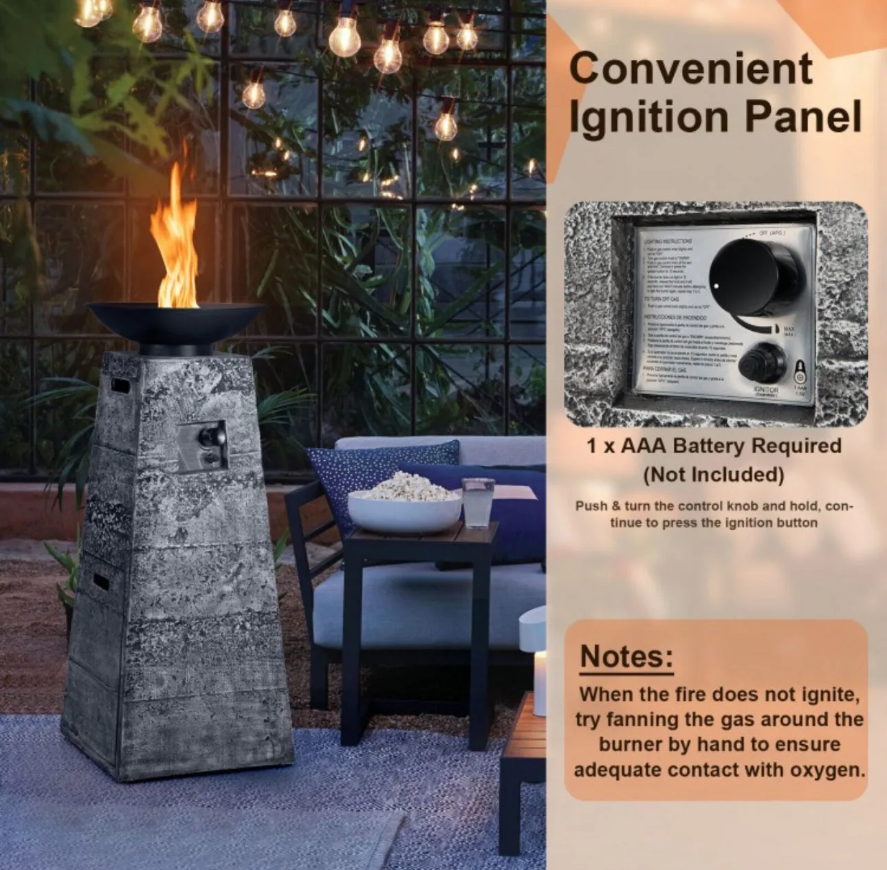 Elegant Heavy Duty 48 Inch Propane Fire Bowl Column With Beautiful Lava Rocks & PVC Cover | Easy Access Door | Easy On/Off Switch | Patio Fire Pit