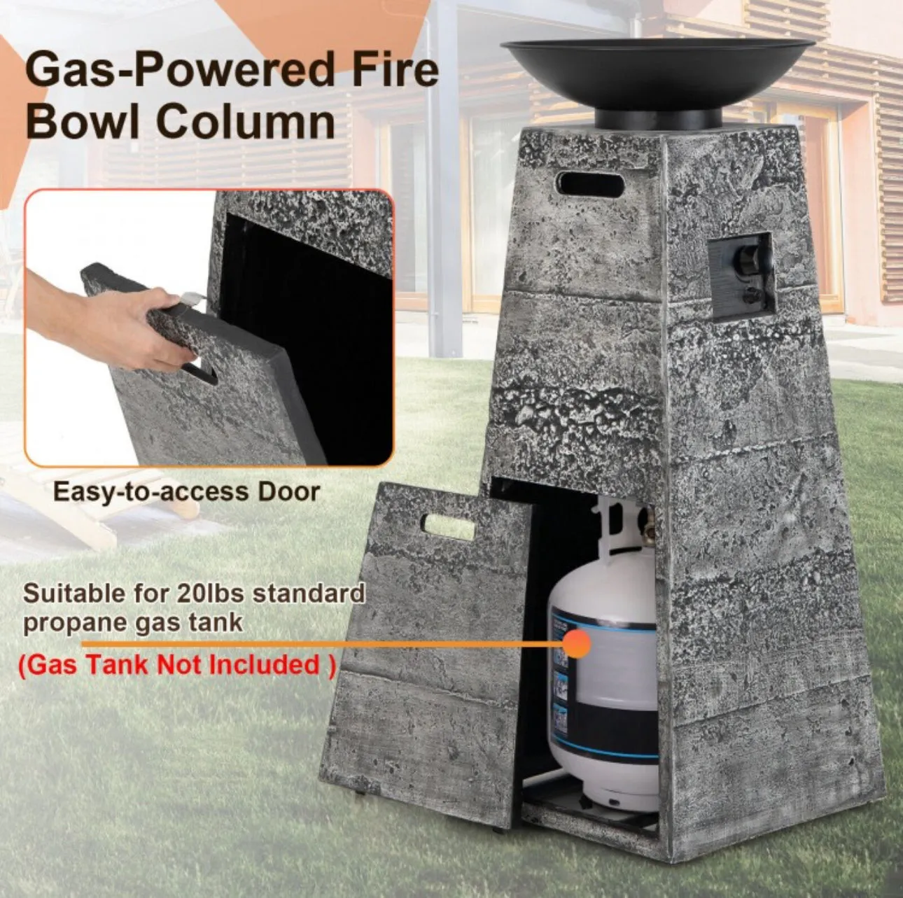 Elegant Heavy Duty 48 Inch Propane Fire Bowl Column With Beautiful Lava Rocks & PVC Cover | Easy Access Door | Easy On/Off Switch | Patio Fire Pit