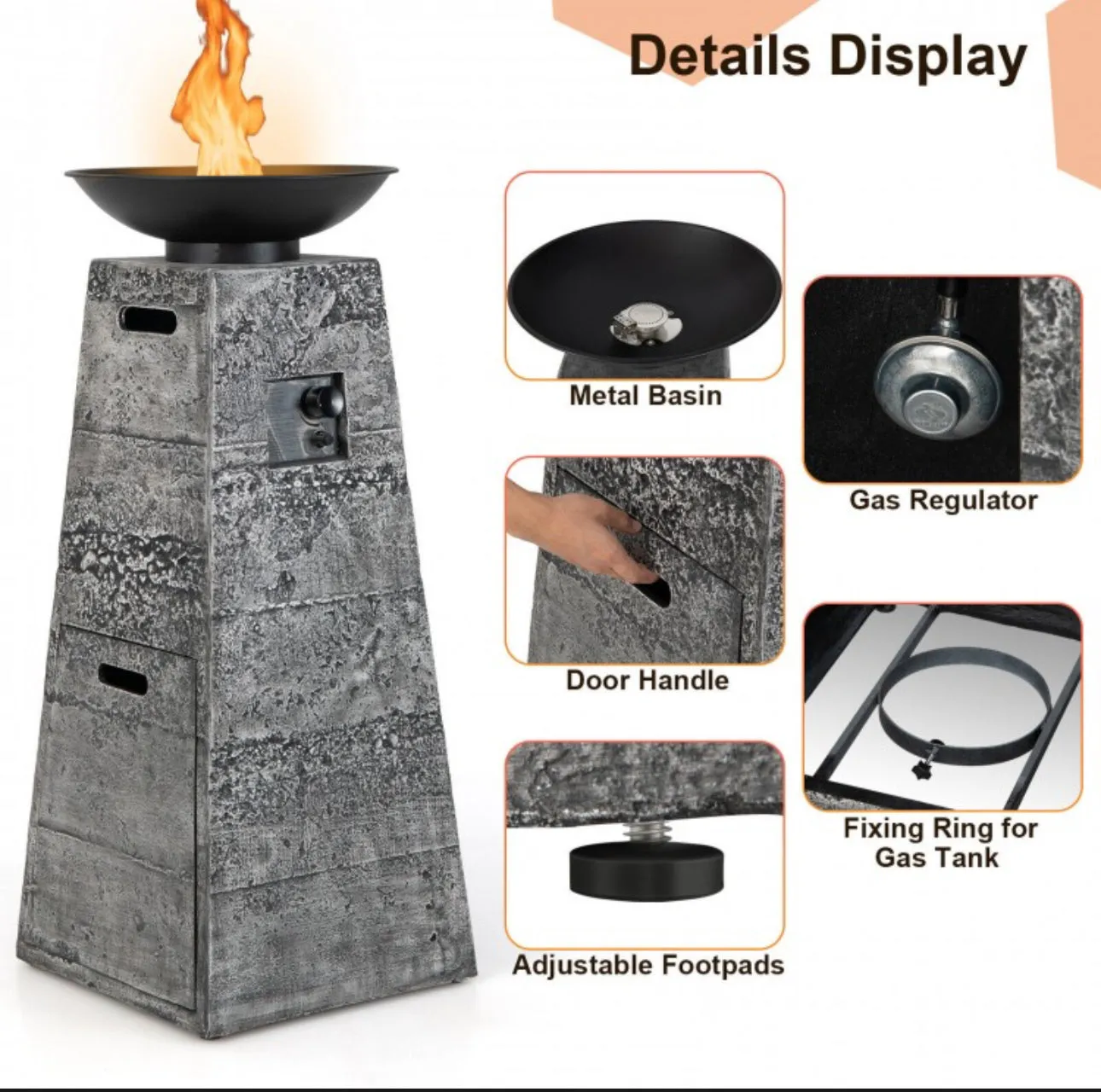 Elegant Heavy Duty 48 Inch Propane Fire Bowl Column With Beautiful Lava Rocks & PVC Cover | Easy Access Door | Easy On/Off Switch | Patio Fire Pit