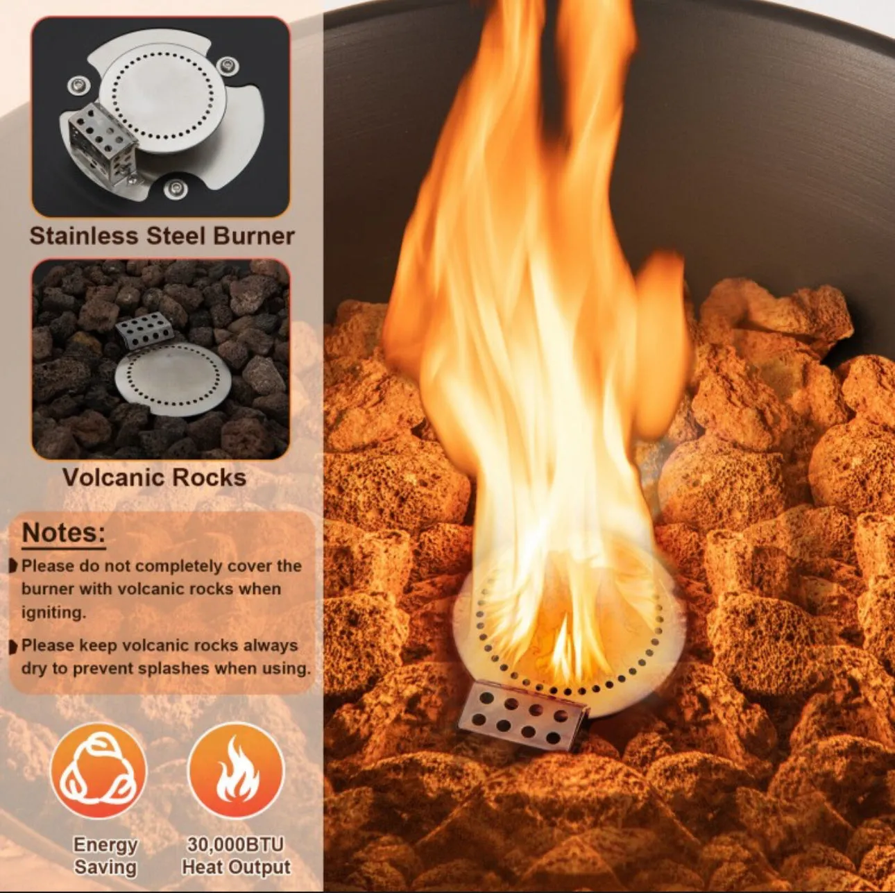 Elegant Heavy Duty 48 Inch Propane Fire Bowl Column With Beautiful Lava Rocks & PVC Cover | Easy Access Door | Easy On/Off Switch | Patio Fire Pit