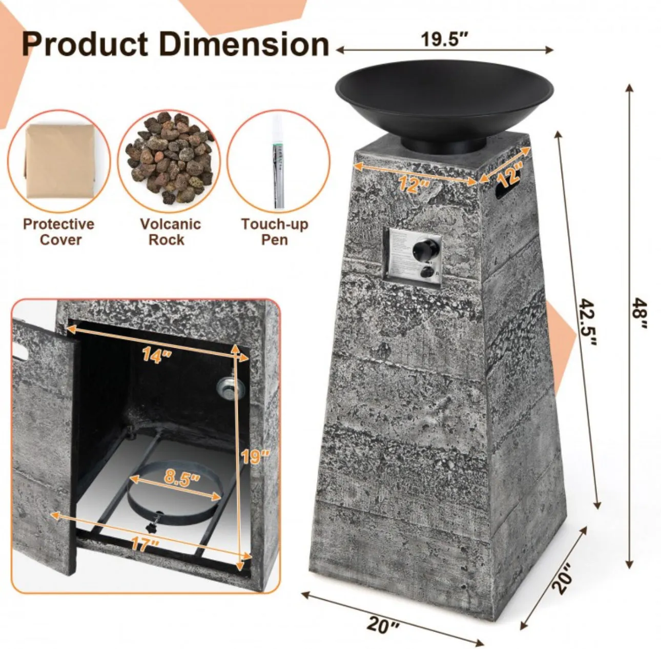 Elegant Heavy Duty 48 Inch Propane Fire Bowl Column With Beautiful Lava Rocks & PVC Cover | Easy Access Door | Easy On/Off Switch | Patio Fire Pit