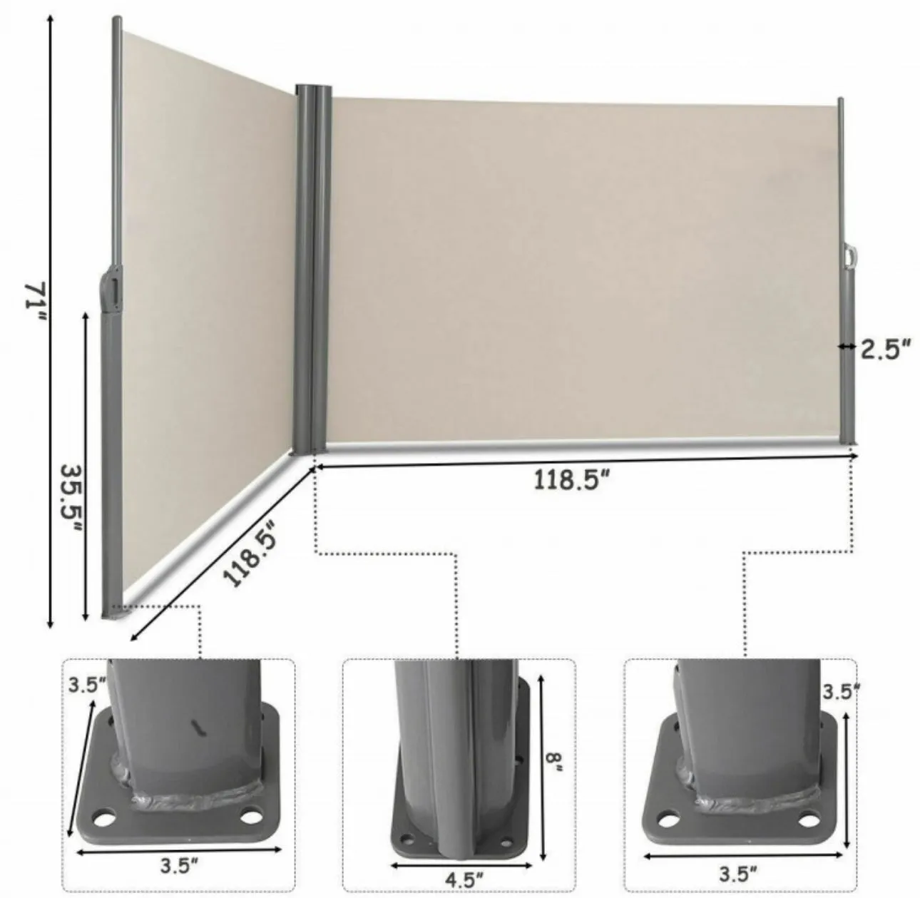 Heavy Duty Elegant Patio Retractable Double Folding Side Awning Screen Divider 237x71 inch