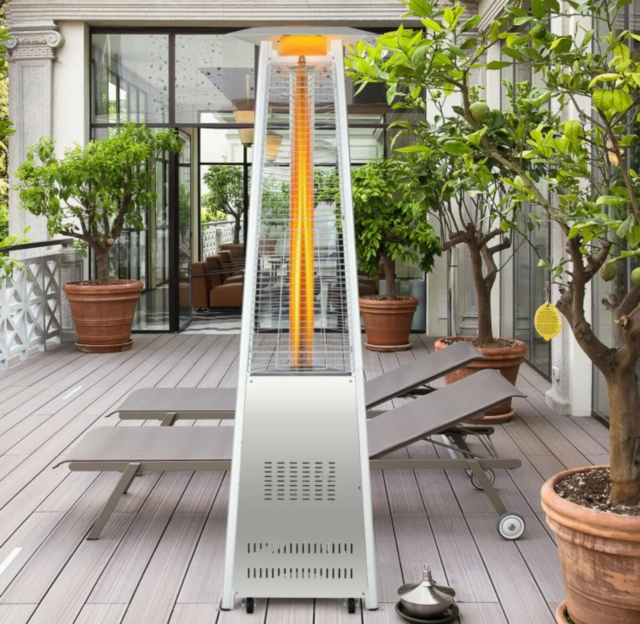 Heavy Duty Tip Protection Stainless Steel Triangular Pyramid Safe Propane Patio Heater 42,000 BTU | With Wheels | Flameout Protection