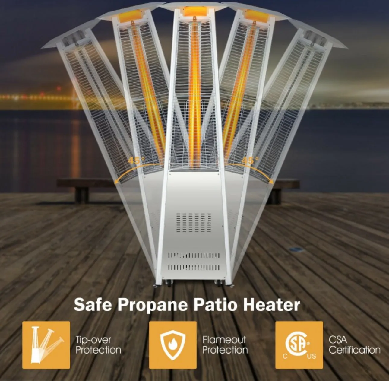 Heavy Duty Tip Protection Stainless Steel Triangular Pyramid Safe Propane Patio Heater 42,000 BTU | With Wheels | Flameout Protection