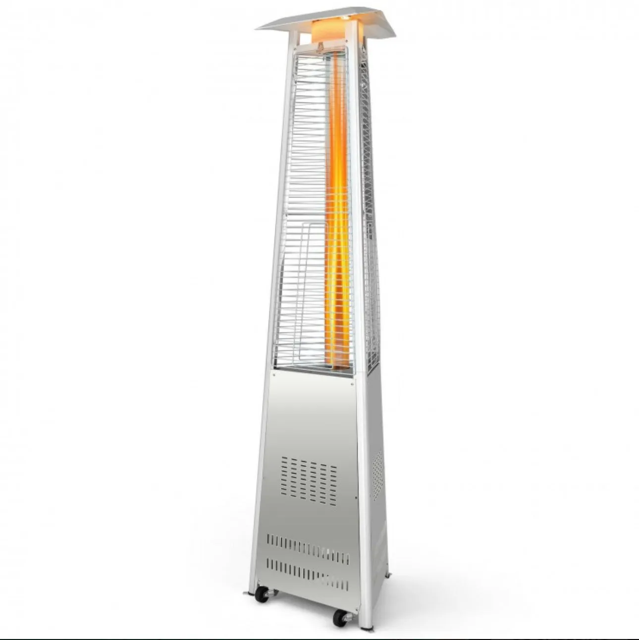 Heavy Duty Tip Protection Stainless Steel Triangular Pyramid Safe Propane Patio Heater 42,000 BTU | With Wheels | Flameout Protection