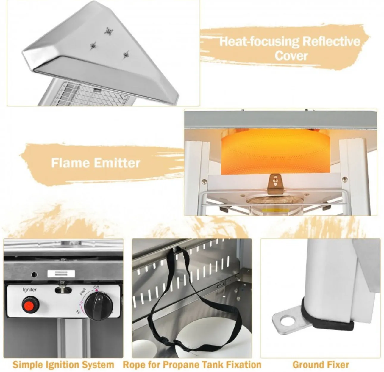 Heavy Duty Tip Protection Stainless Steel Triangular Pyramid Safe Propane Patio Heater 42,000 BTU | With Wheels | Flameout Protection