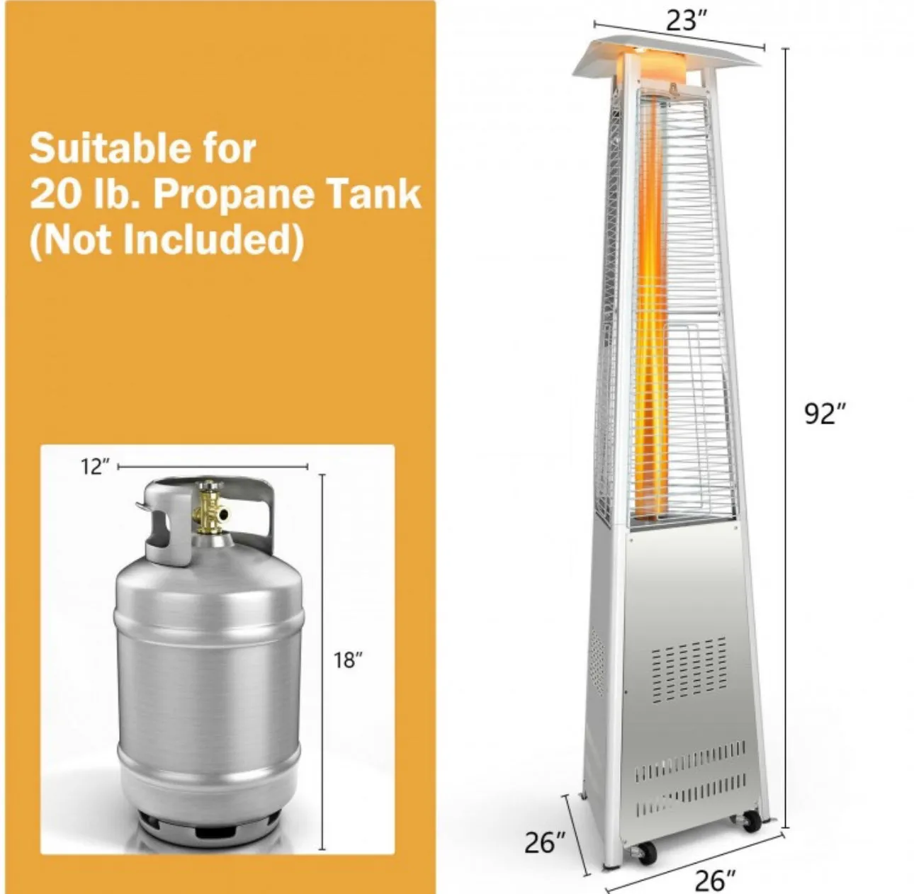 Heavy Duty Tip Protection Stainless Steel Triangular Pyramid Safe Propane Patio Heater 42,000 BTU | With Wheels | Flameout Protection
