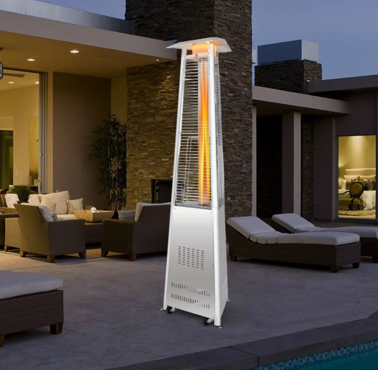 Heavy Duty Tip Protection Stainless Steel Triangular Pyramid Safe Propane Patio Heater 42,000 BTU | With Wheels | Flameout Protection