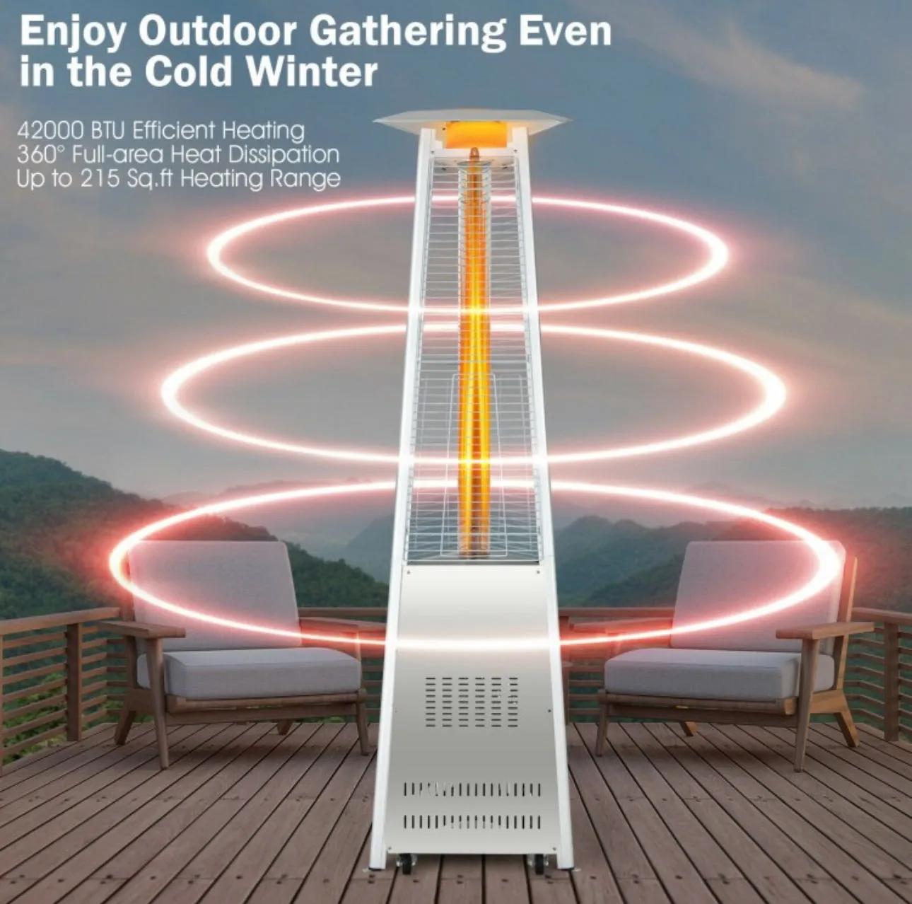 Heavy Duty Tip Protection Stainless Steel Triangular Pyramid Safe Propane Patio Heater 42,000 BTU | With Wheels | Flameout Protection
