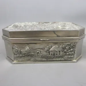Heavy White Metal Jewellery Box With Rural Water Mill Scene Vintage c1970