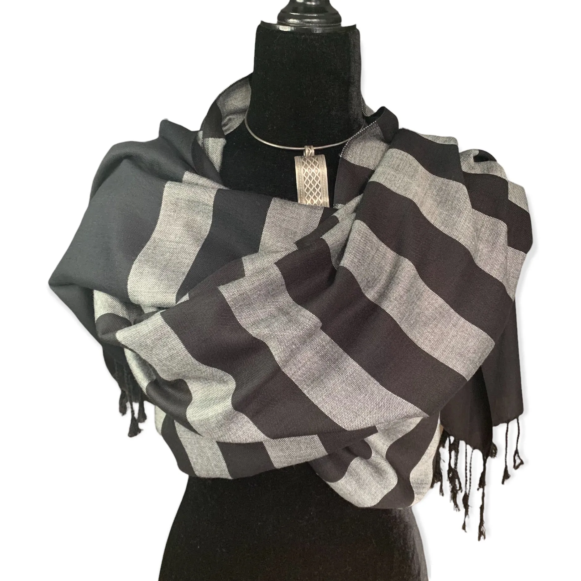 Horizontally Striped Handwoven Scarf - Black & Gray