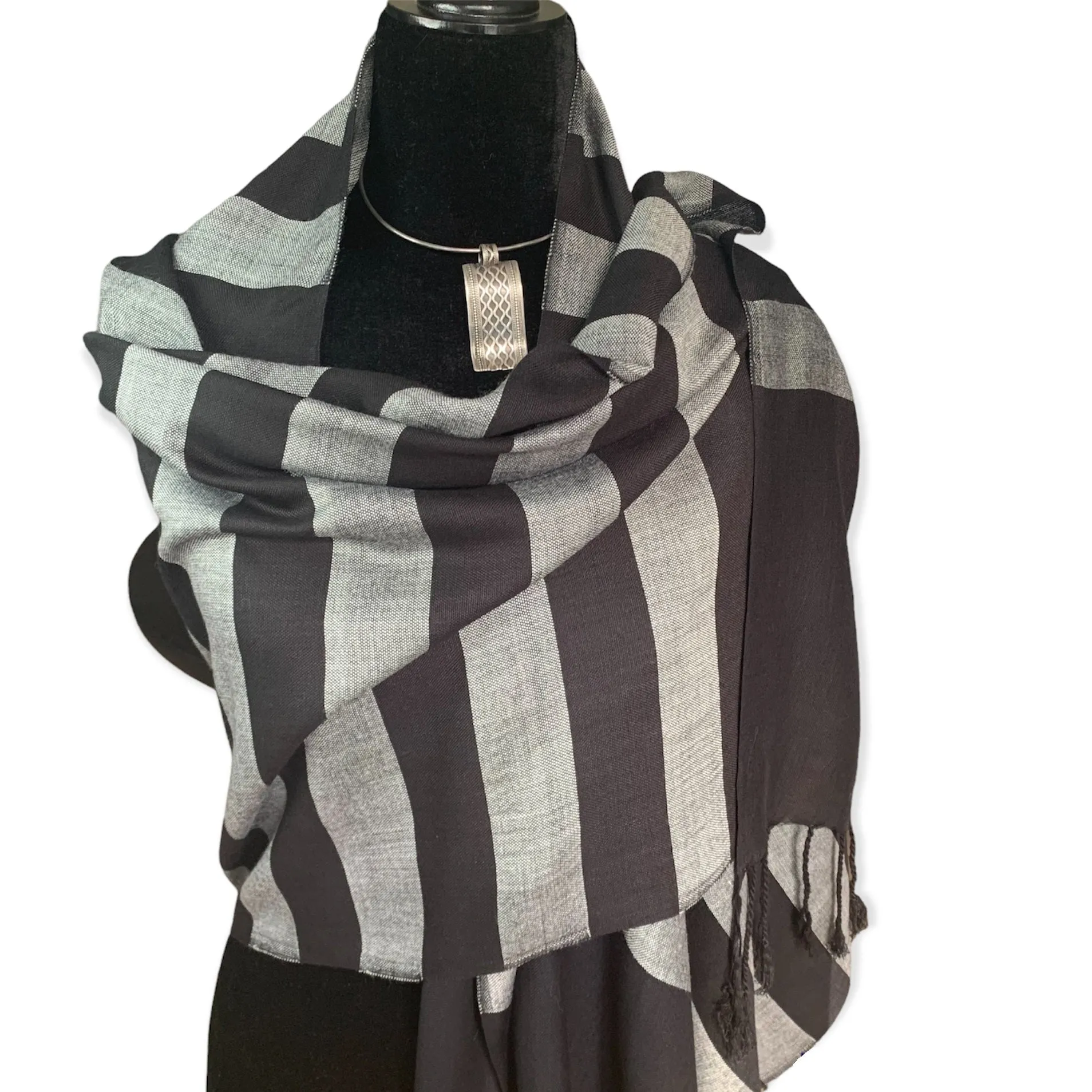 Horizontally Striped Handwoven Scarf - Black & Gray