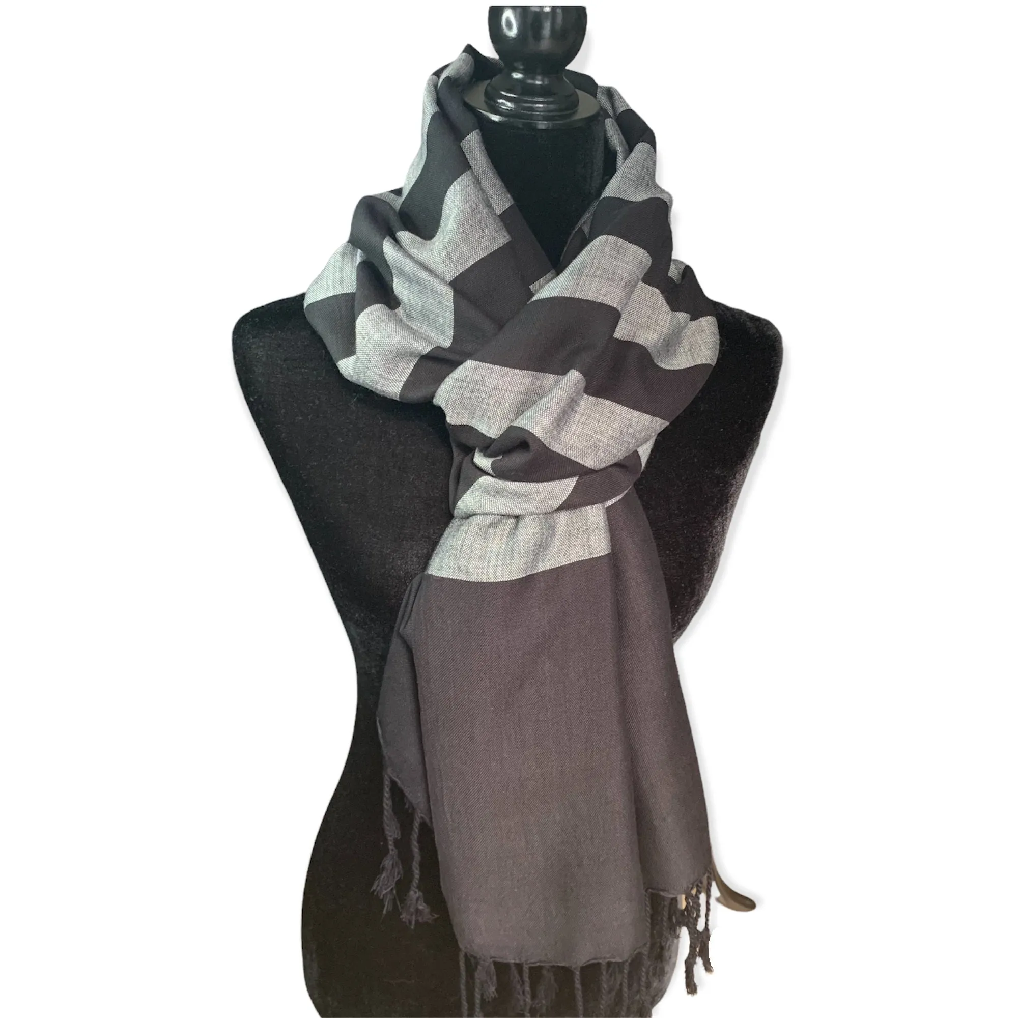 Horizontally Striped Handwoven Scarf - Black & Gray