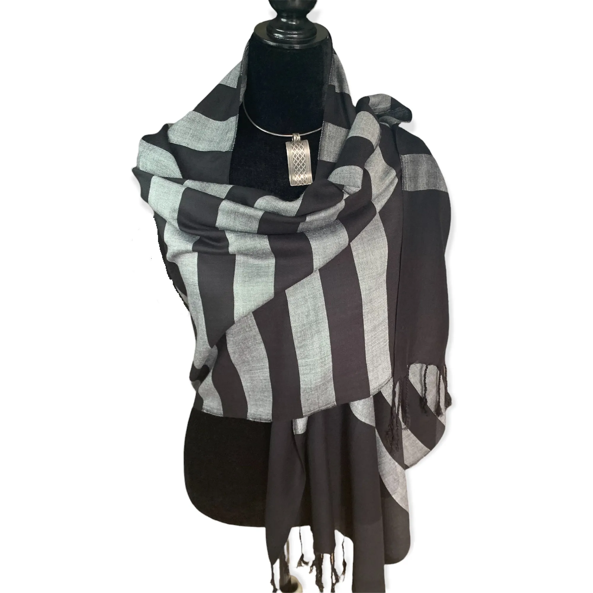 Horizontally Striped Handwoven Scarf - Black & Gray