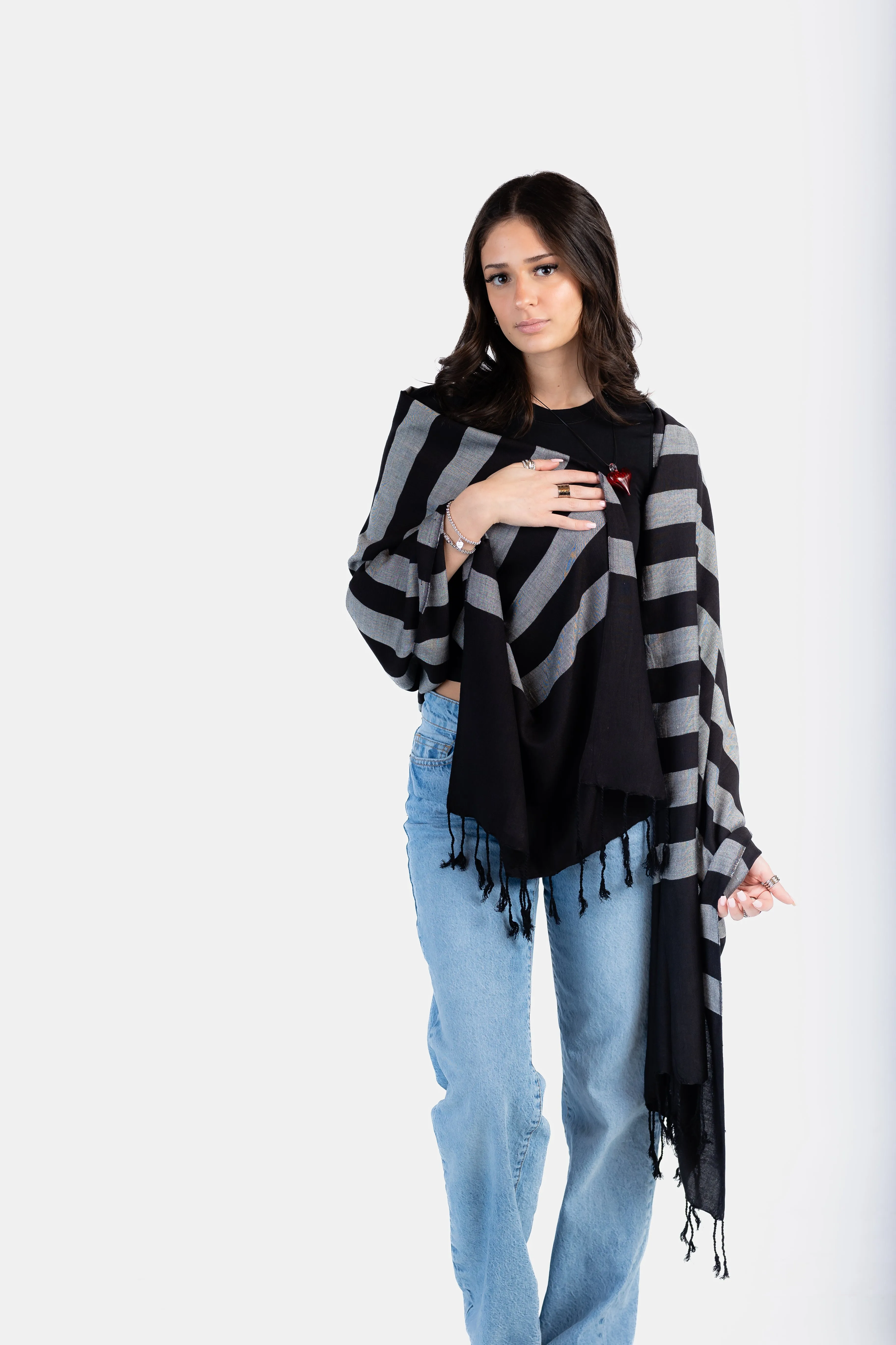 Horizontally Striped Handwoven Scarf - Black & Gray