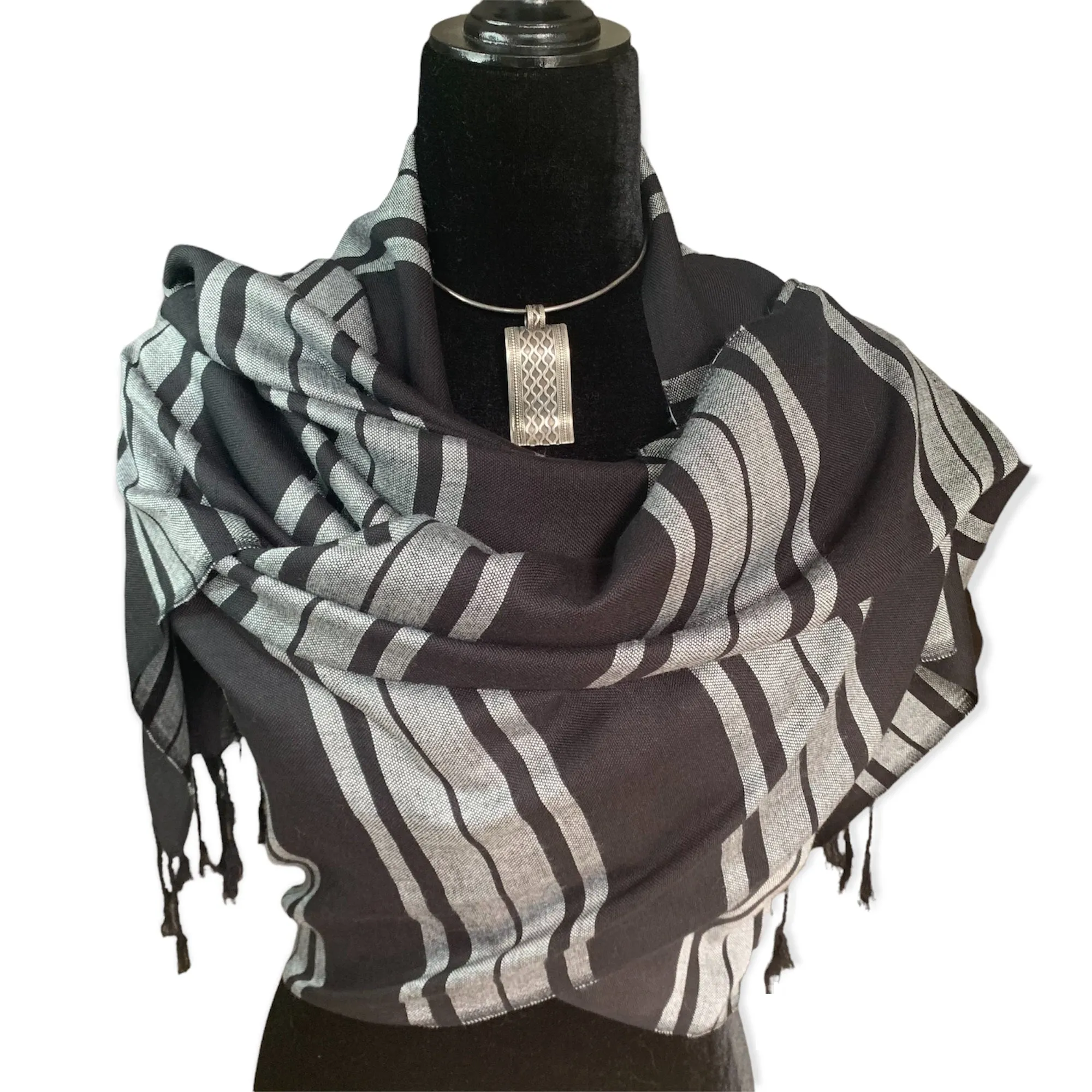 Horizontally Striped Handwoven Scarf - Gray & Black
