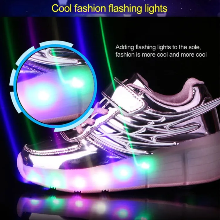 K02 LED Light Single Wheel Wing Roller Skating Shoes Sport Shoes, Size : 34 (Gold)