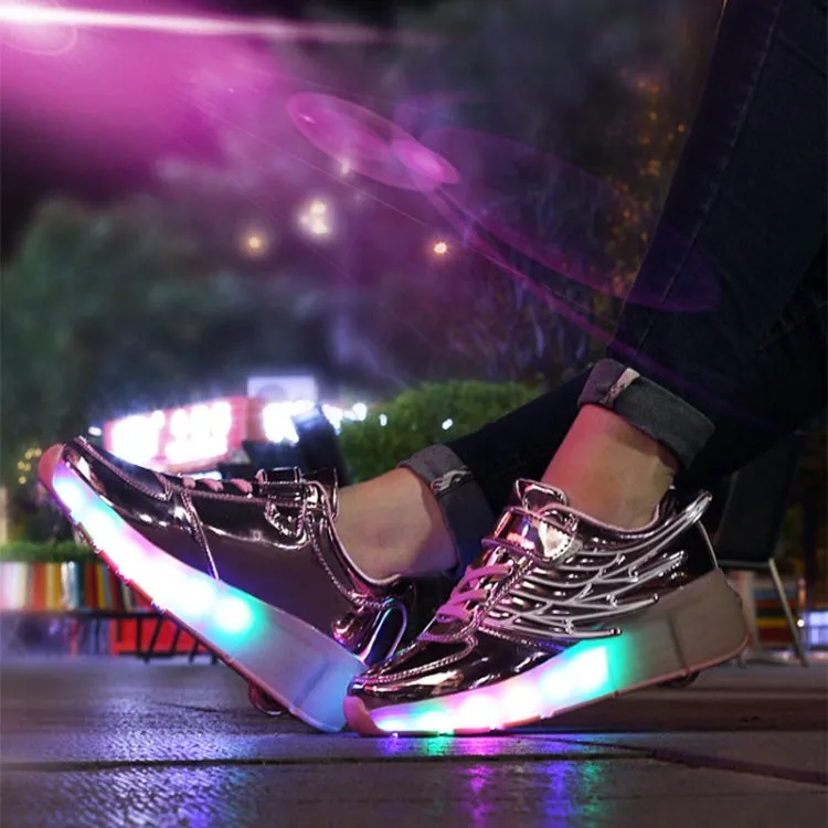 K02 LED Light Single Wheel Wing Roller Skating Shoes Sport Shoes, Size : 34 (Gold)