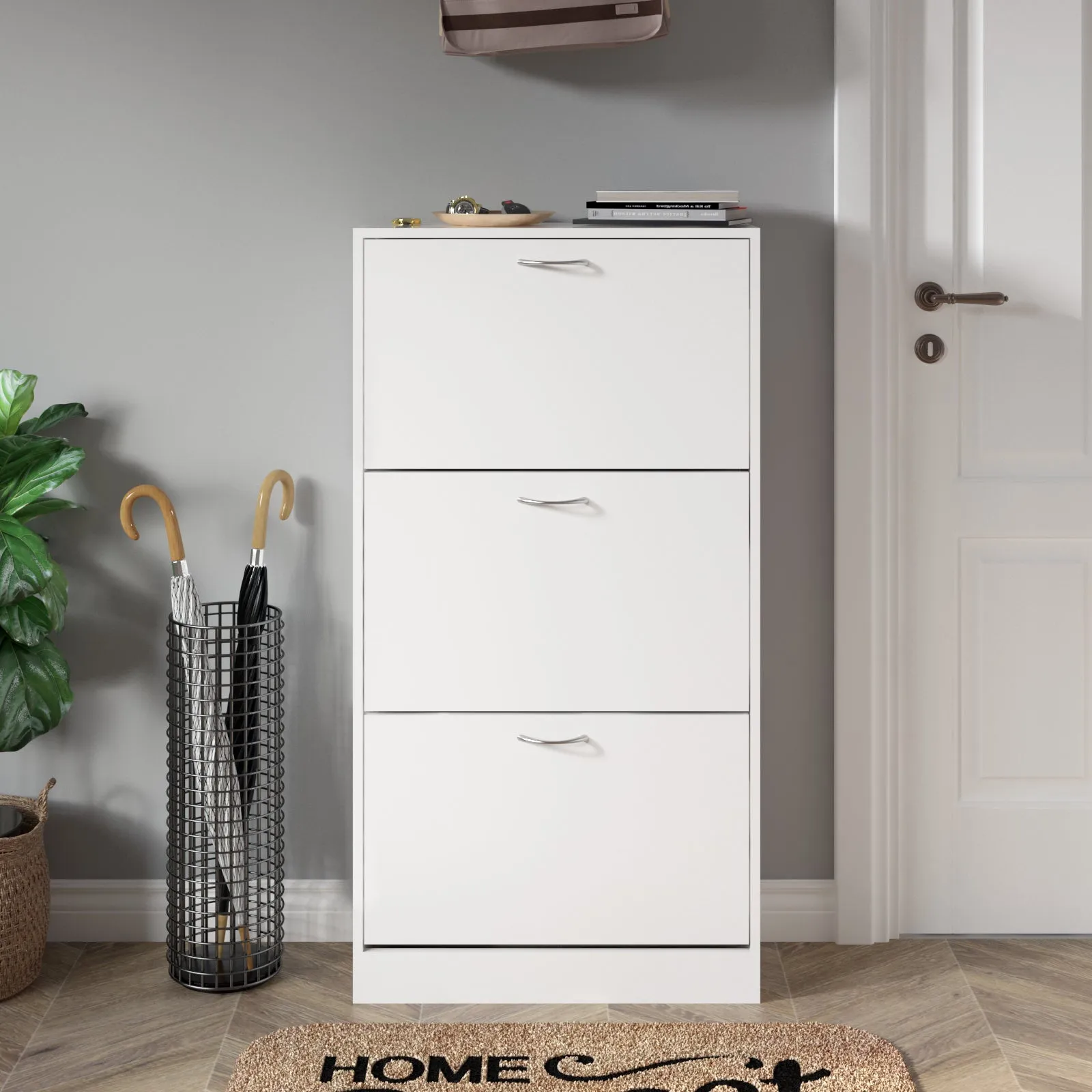 Modern Shoe Rack, Brown/Natural/White Color, 3 Drawer Flaps