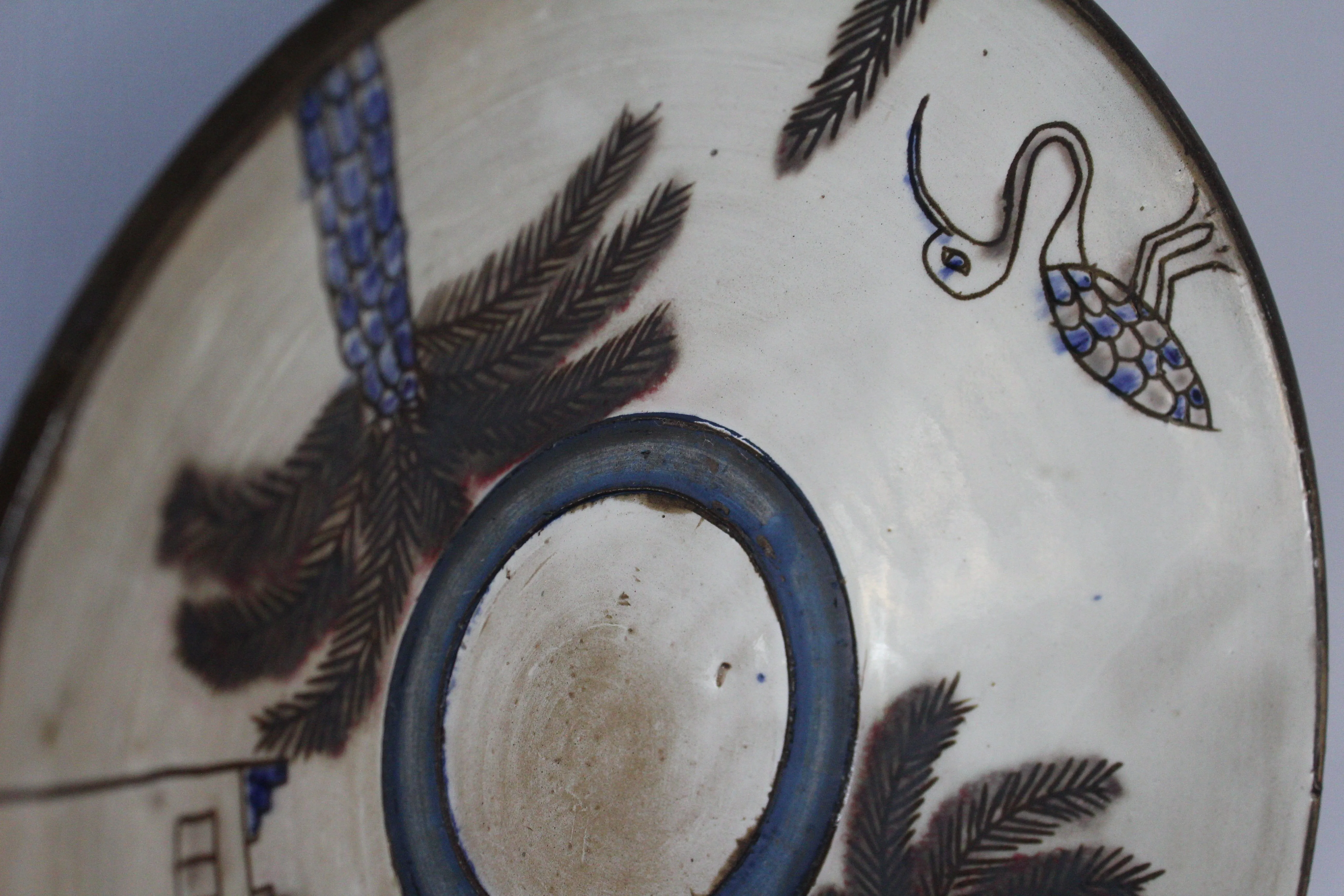 Pottery Round Plate - Palm Tree & Egret