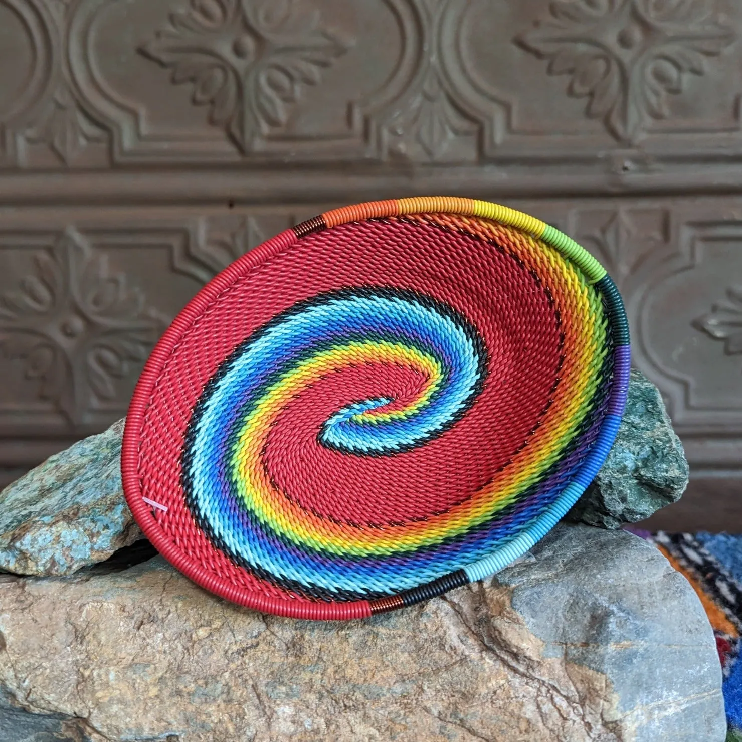 Small Oval Zulu Wire-Wrapped Red Rainbow Basket GF-0069