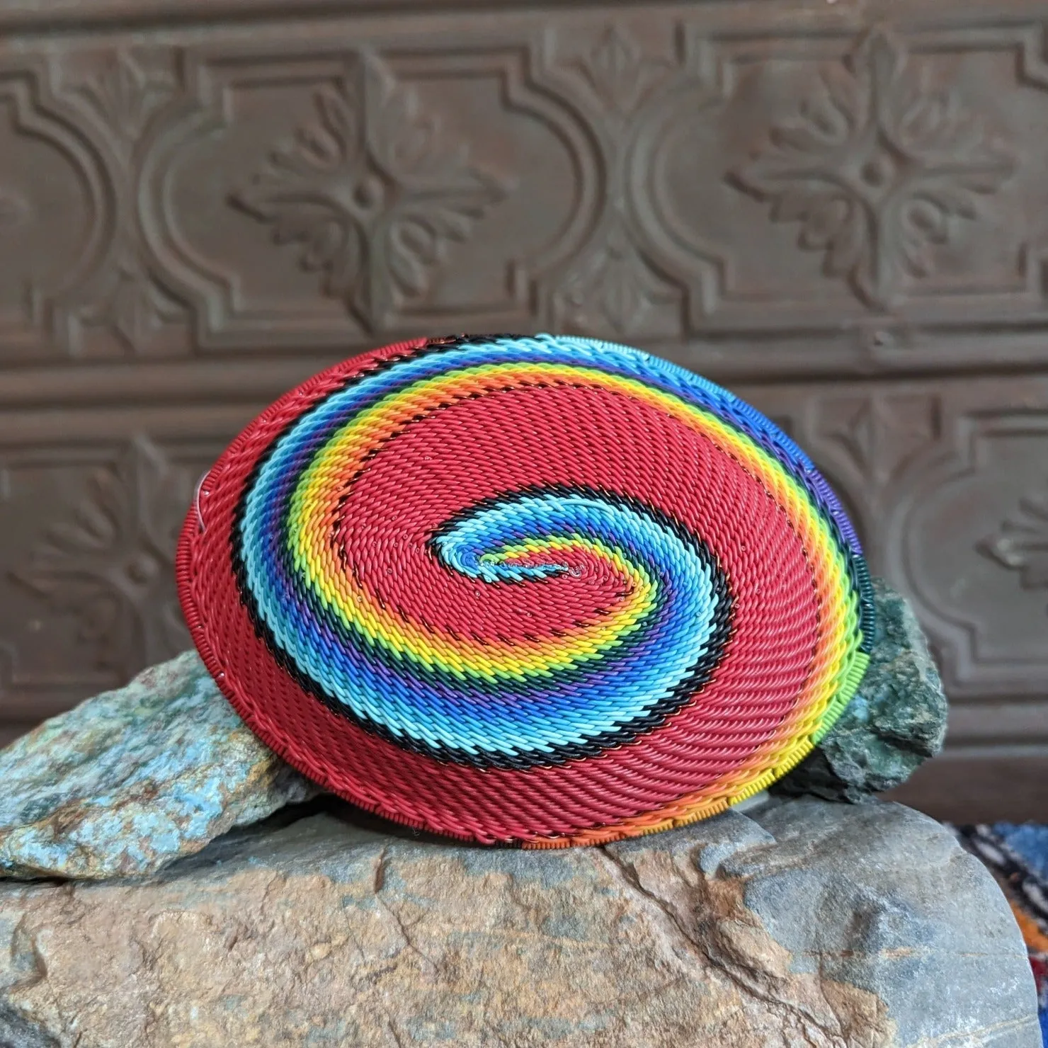 Small Oval Zulu Wire-Wrapped Red Rainbow Basket GF-0069