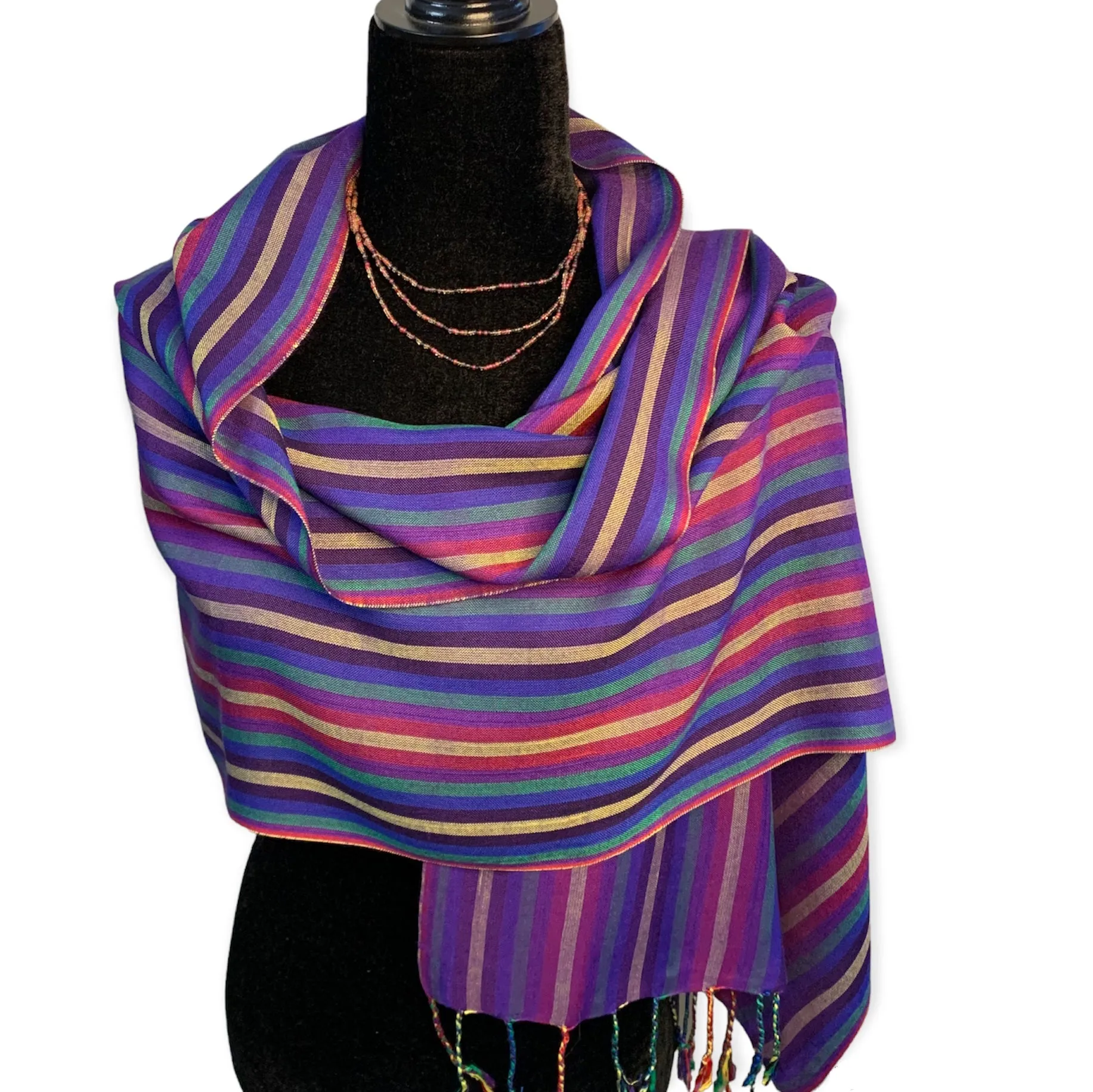 Small Striped Handwoven Bamboo Viscose Scarf - Mauve & Yellow