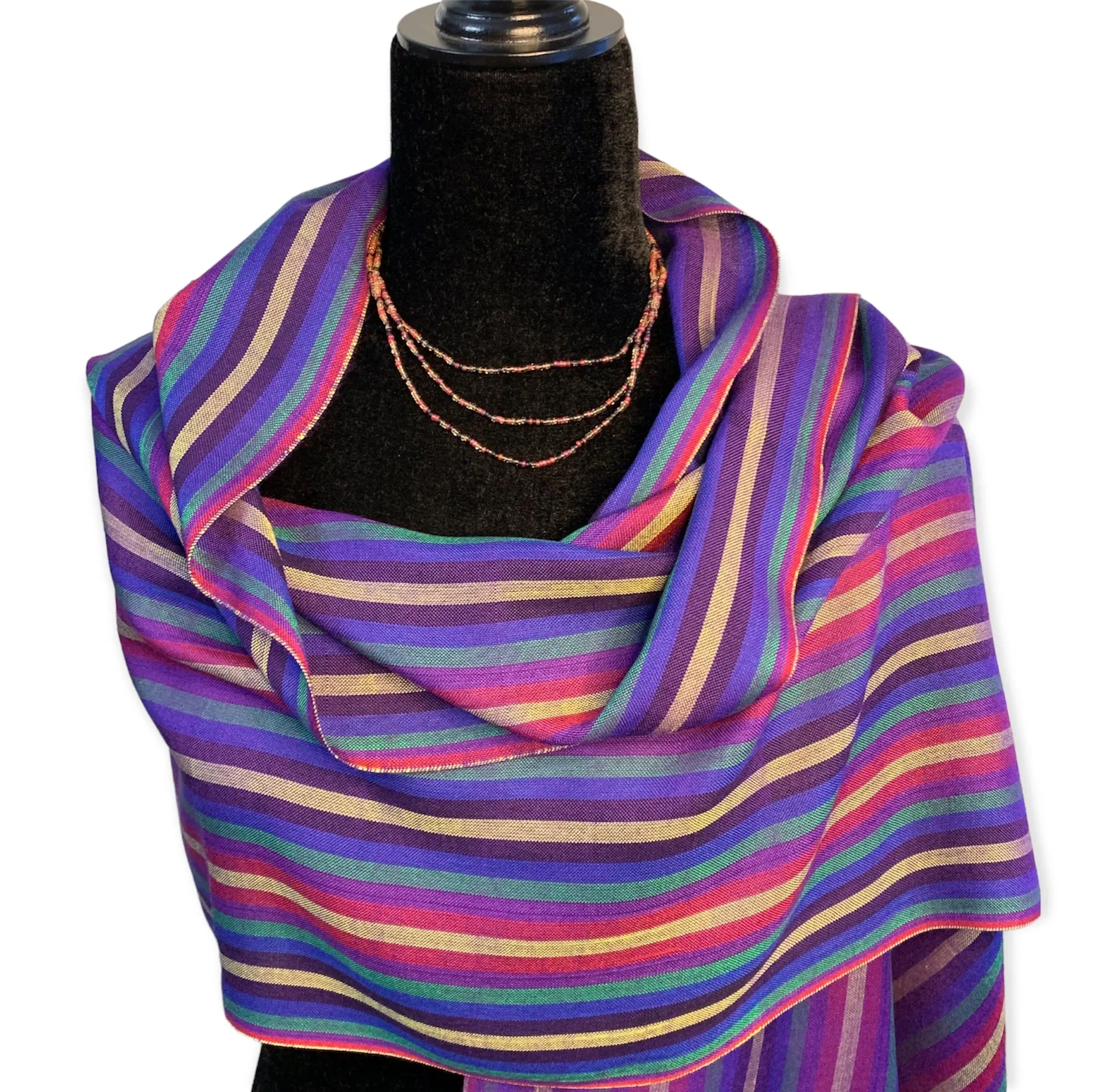 Small Striped Handwoven Bamboo Viscose Scarf - Mauve & Yellow