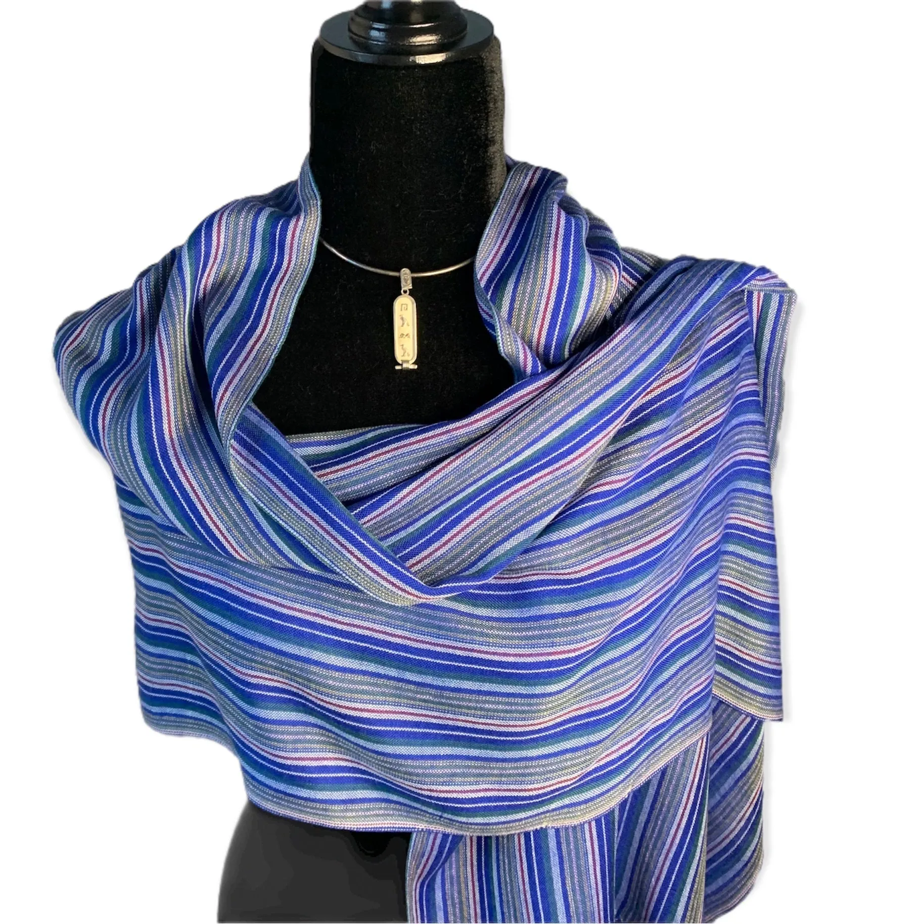 Small Striped Handwoven Scarf - Blue & Burgundy