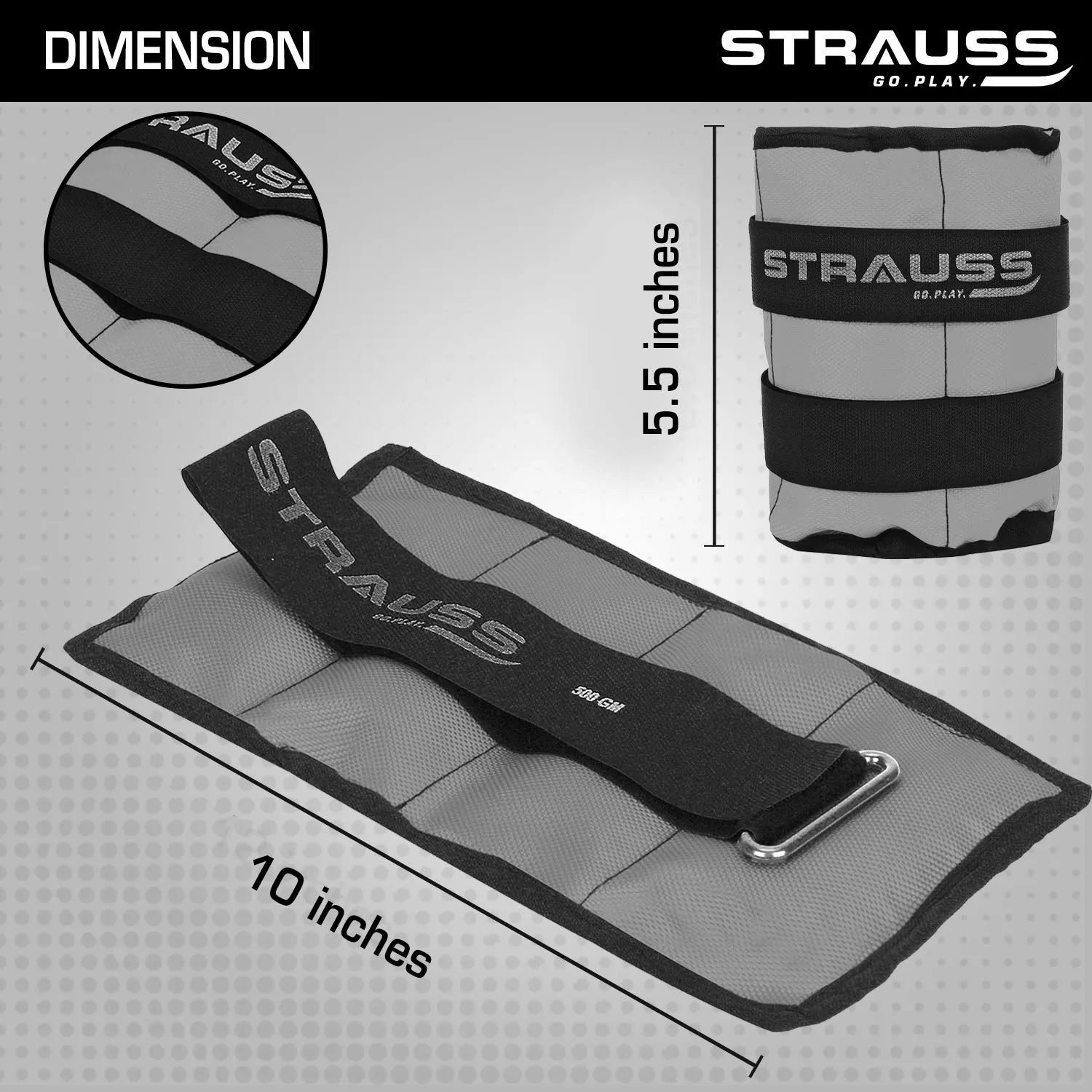 Strauss Adjustable Ankle/Wrist Weights 0.5 KG X 2 | Ideal for Walking, Running, Jogging, Cycling, Gym, Workout & Strength Training | Easy to Use on Ankle, Wrist, Leg, (Grey)
