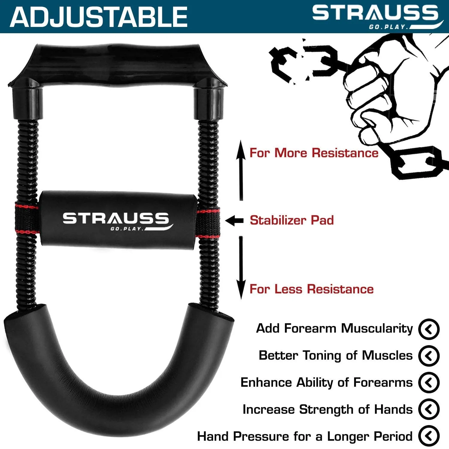 Strauss Adjustable Hand Grip Strengthener, (Black/Blue) and Wrist Exerciser, Black