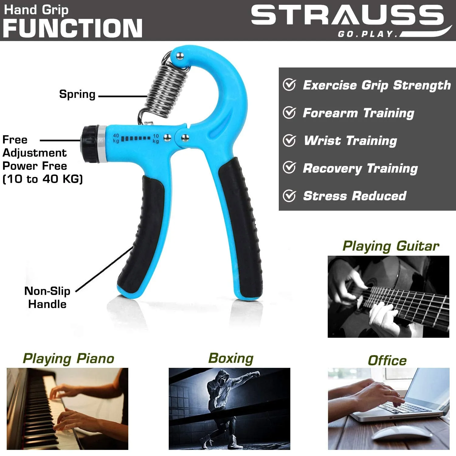 Strauss Adjustable Hand Grip Strengthener, (Black/Blue) and Wrist Exerciser, Black