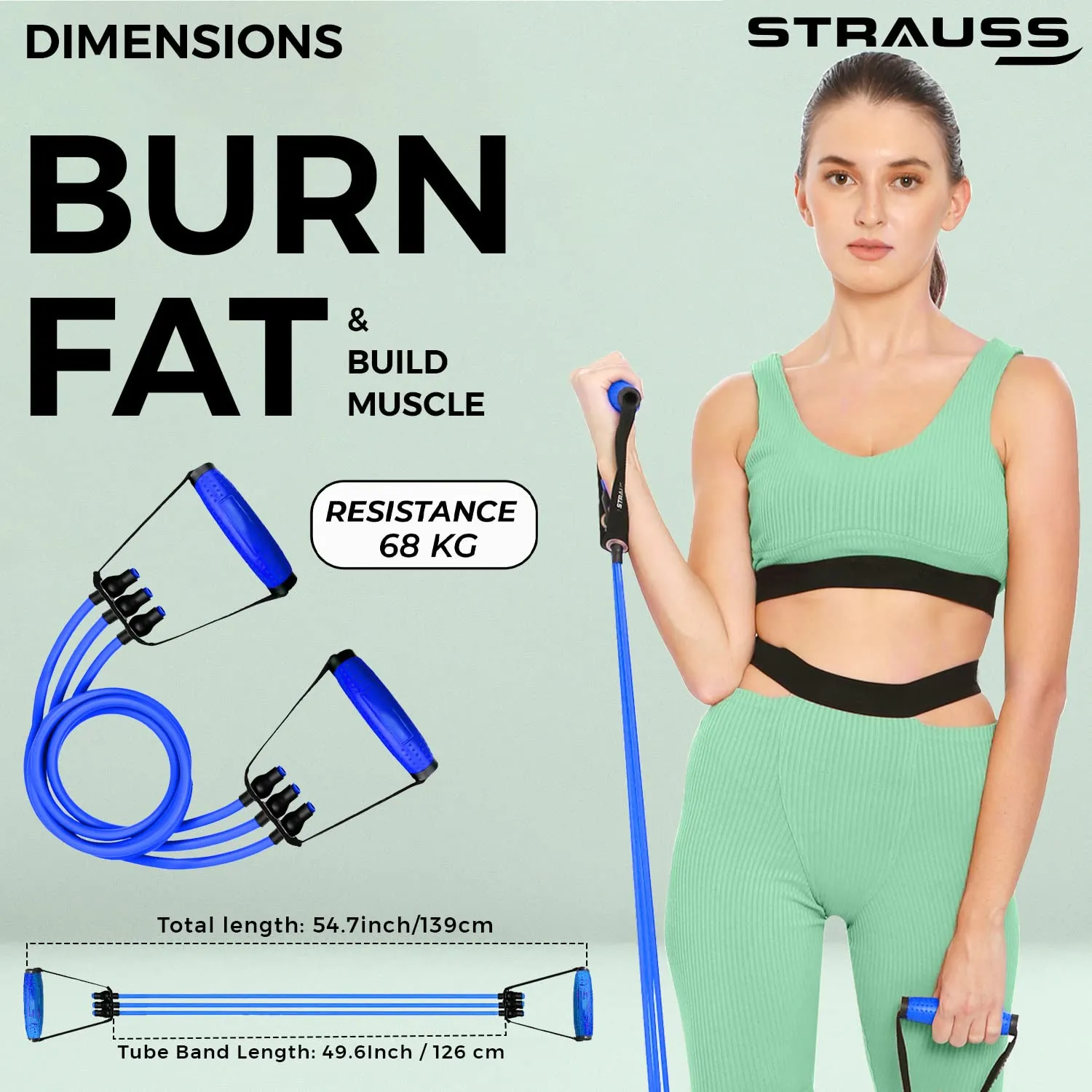 Strauss Triple Resistance Tube with PVC Handles, Door Knob & Carry Bag, 68 Kg, (Blue)