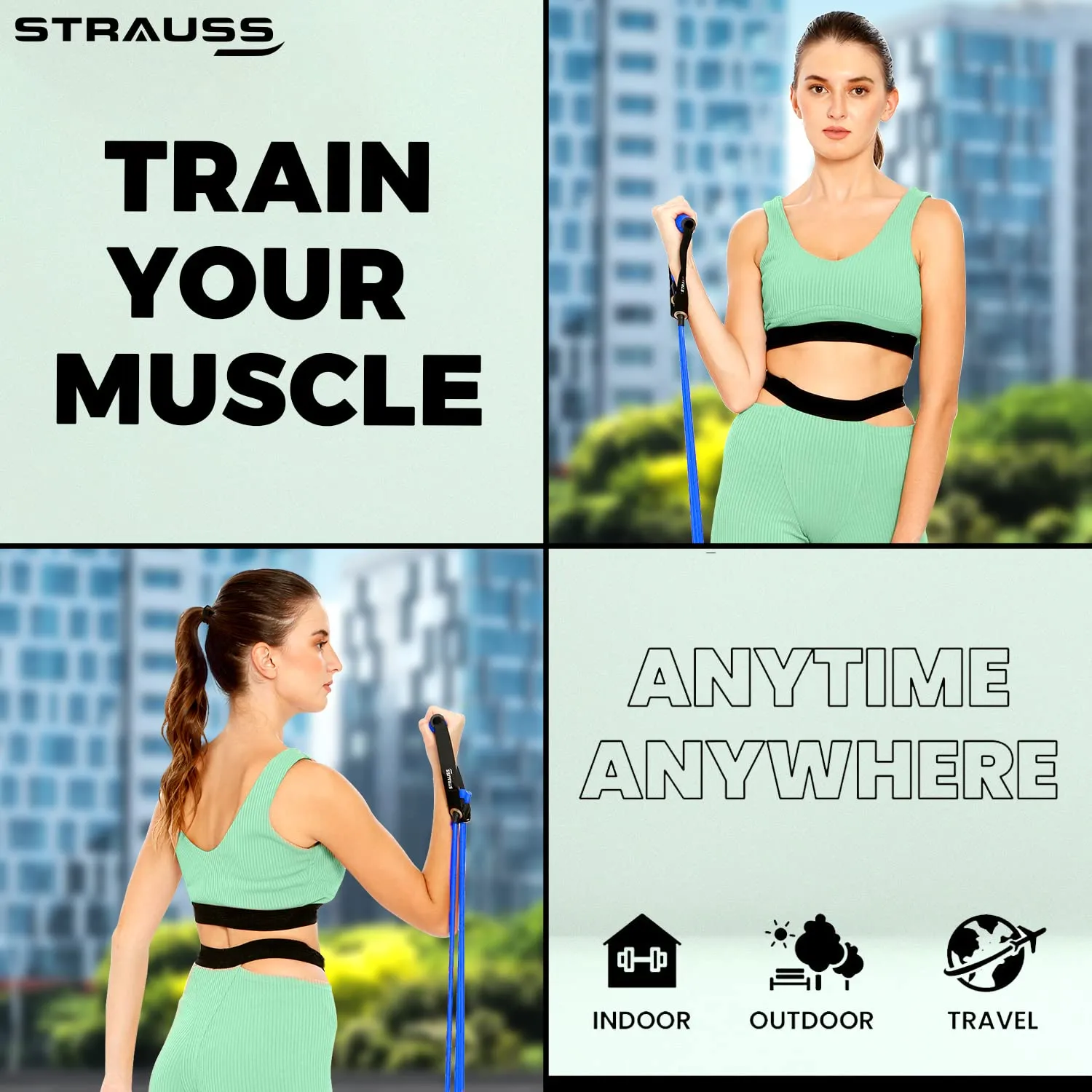 Strauss Triple Resistance Tube with PVC Handles, Door Knob & Carry Bag, 68 Kg, (Blue)