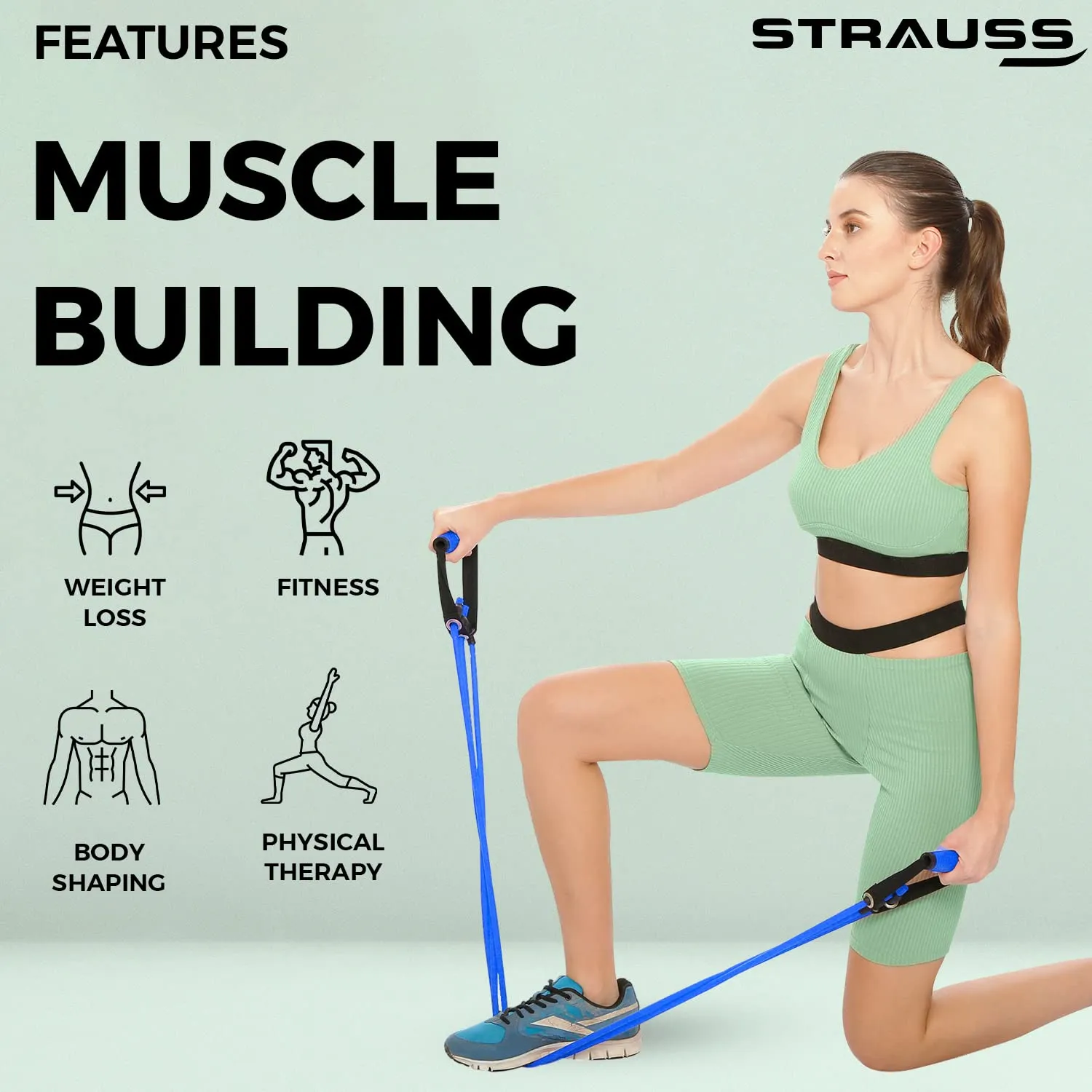 Strauss Triple Resistance Tube with PVC Handles, Door Knob & Carry Bag, 68 Kg, (Blue)
