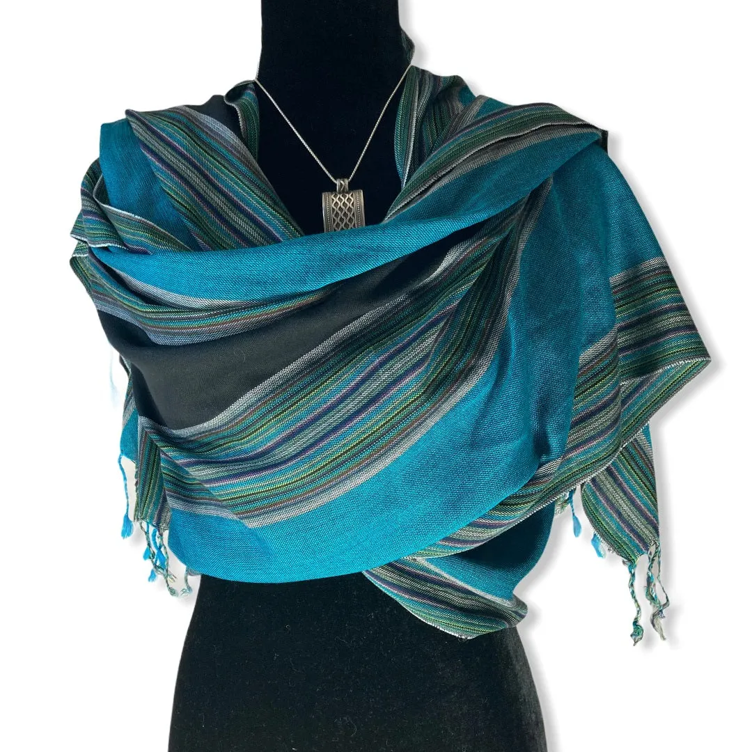 Striped Handwoven Scarf - Turquoise & Black