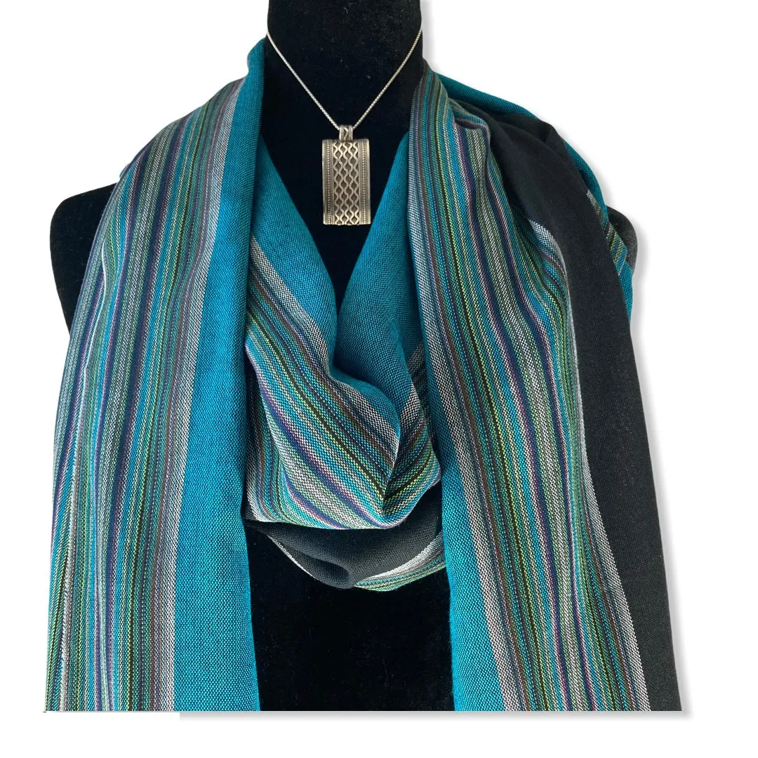 Striped Handwoven Scarf - Turquoise & Black
