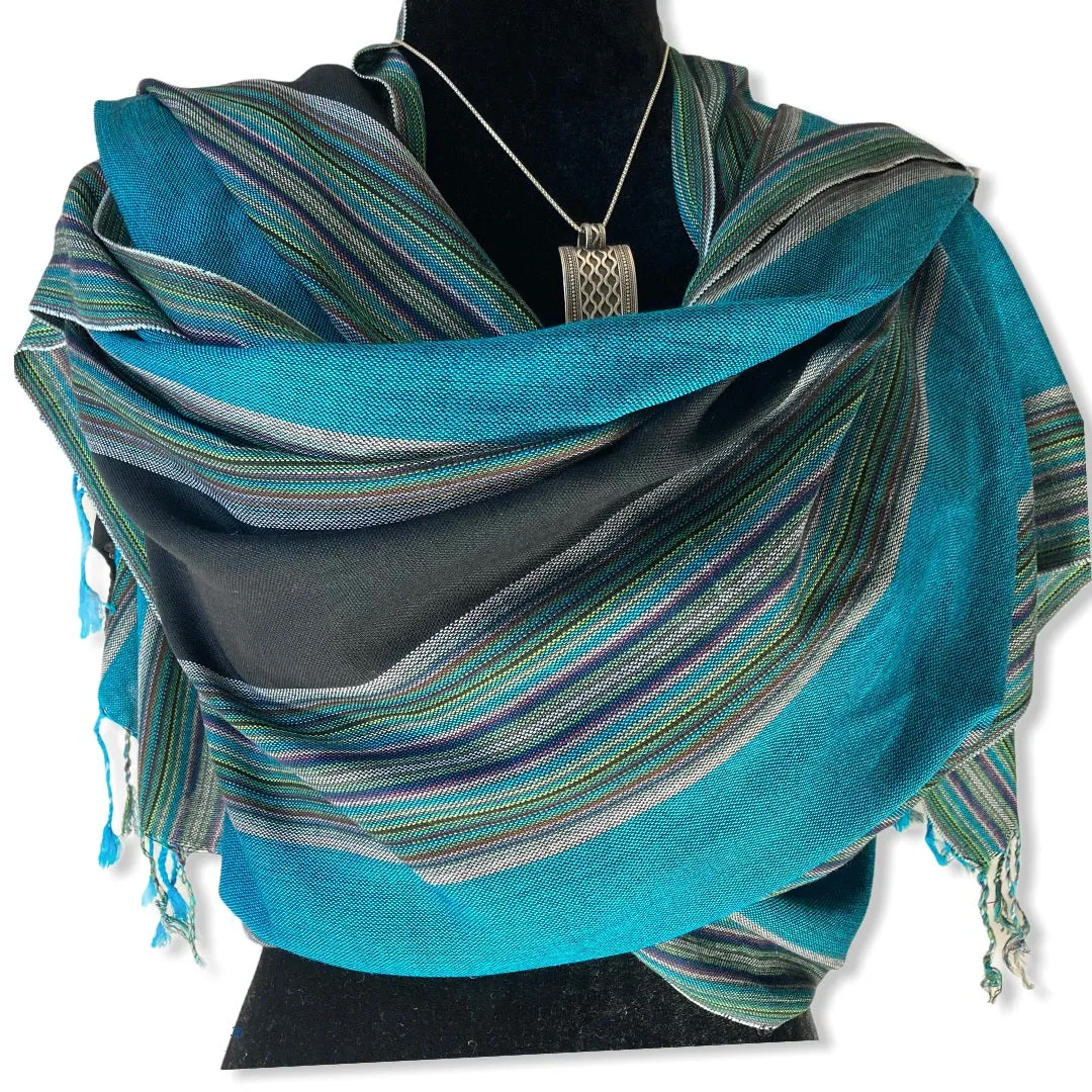 Striped Handwoven Scarf - Turquoise & Black