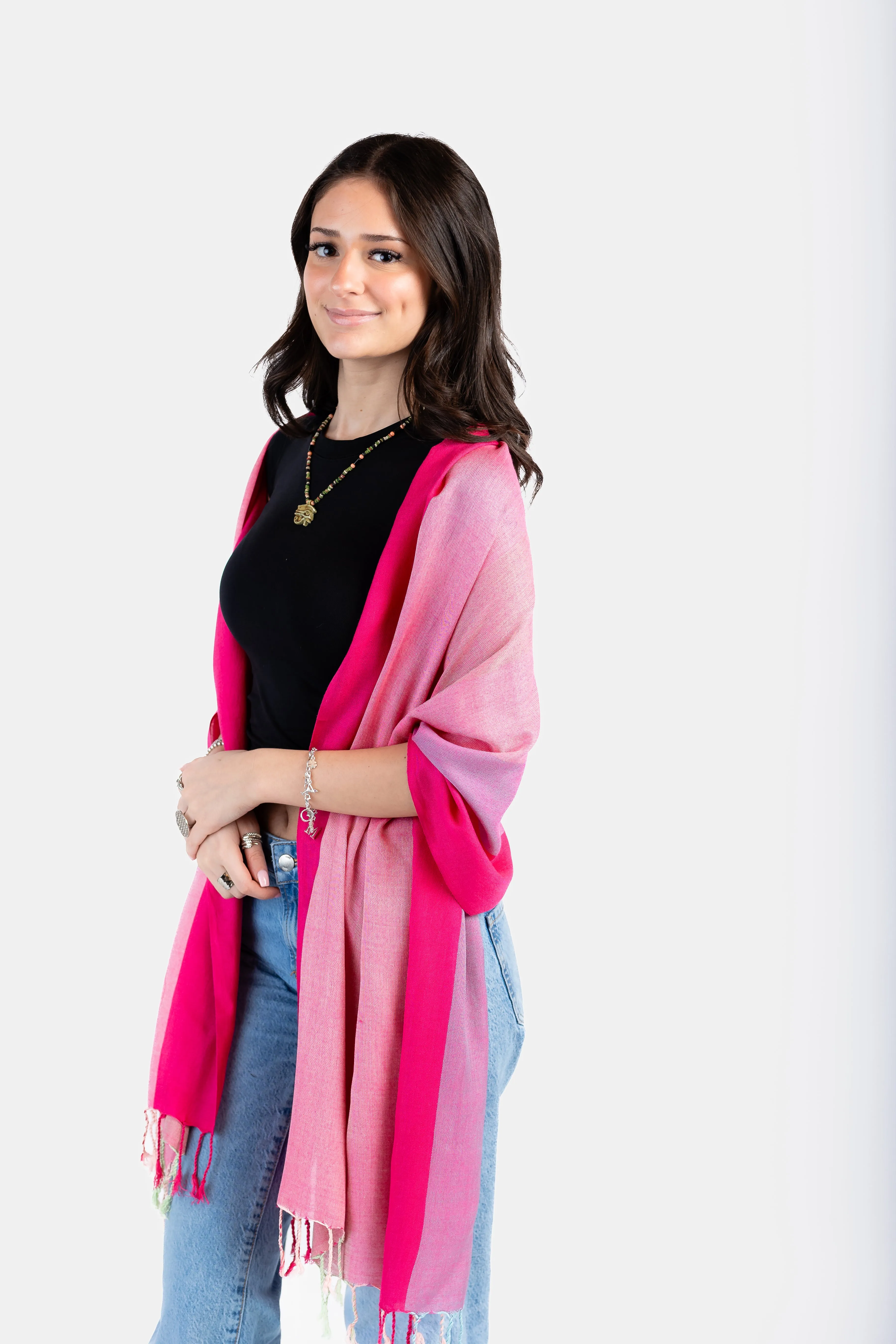 Wide Striped Handwoven Bamboo Viscose Scarf - Pink & Fuchsia