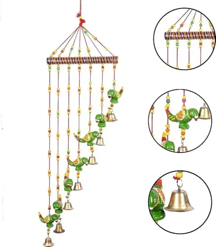 Wind Chimes for Home Decoration Paper Mache Showpiece Parrot Wind Chimes Home Decoration for Hall Balcony Wall/Door/Window Hanging Bells (90 cm, Green) (2)